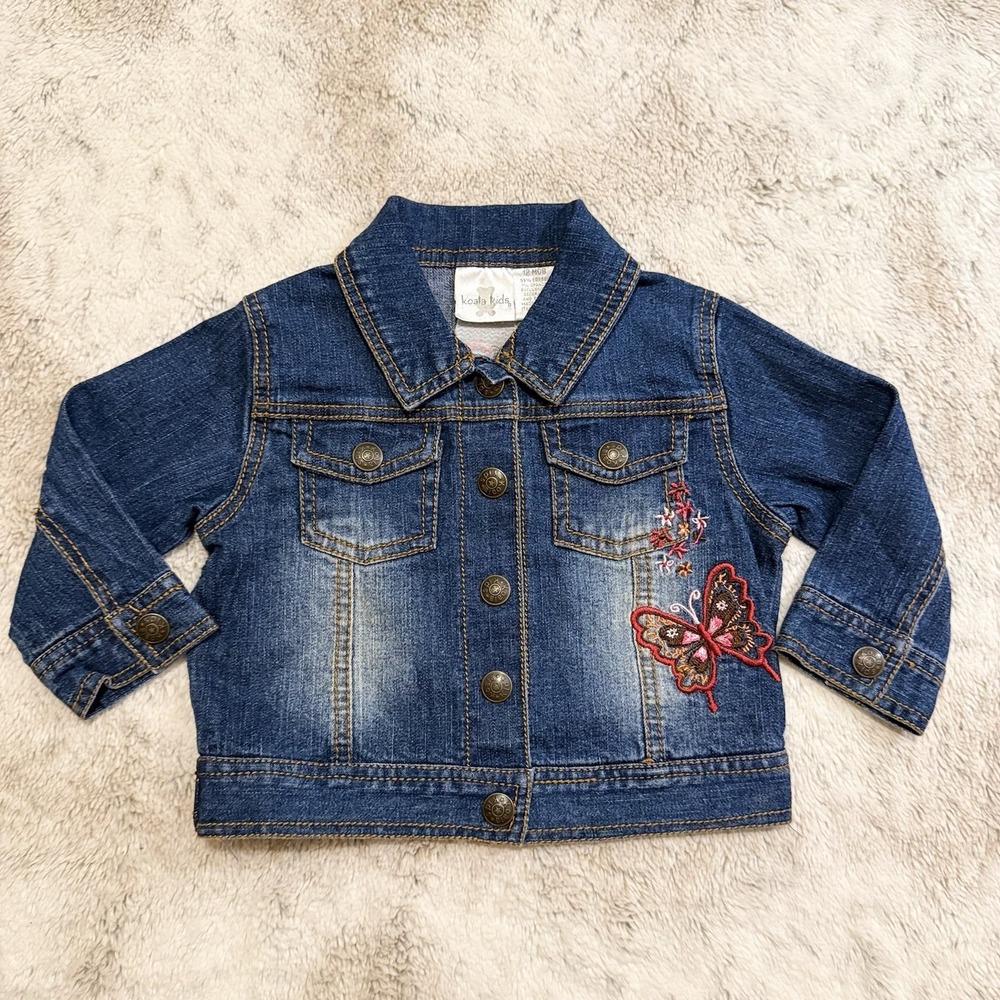 Vintage Koala Kids Butterfly Embroidered Denim Jacket Size 12 Months